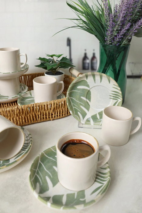 Hermia Juego de Tazas de Café Blanco y Verde de 12 Piezas